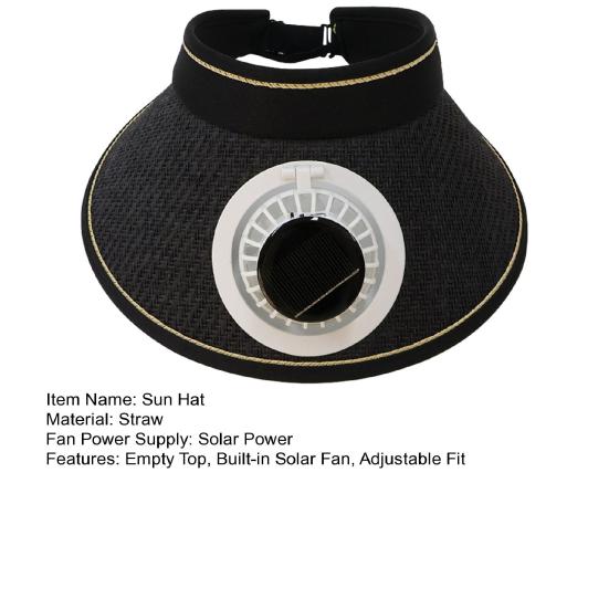 Chapeau de soleil design à sommet vide bord étendu protection solaire intégrale pour tout le visage chapeau avec ventilateur intégré alimenté par énergie solaire circonférence de tête réglable chapeau de paille