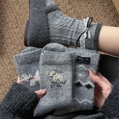 Grey Autumn and Winter Cartoon Dog Wool Thickened Women's Socks with Bow and Sweet Wind Tube Socks