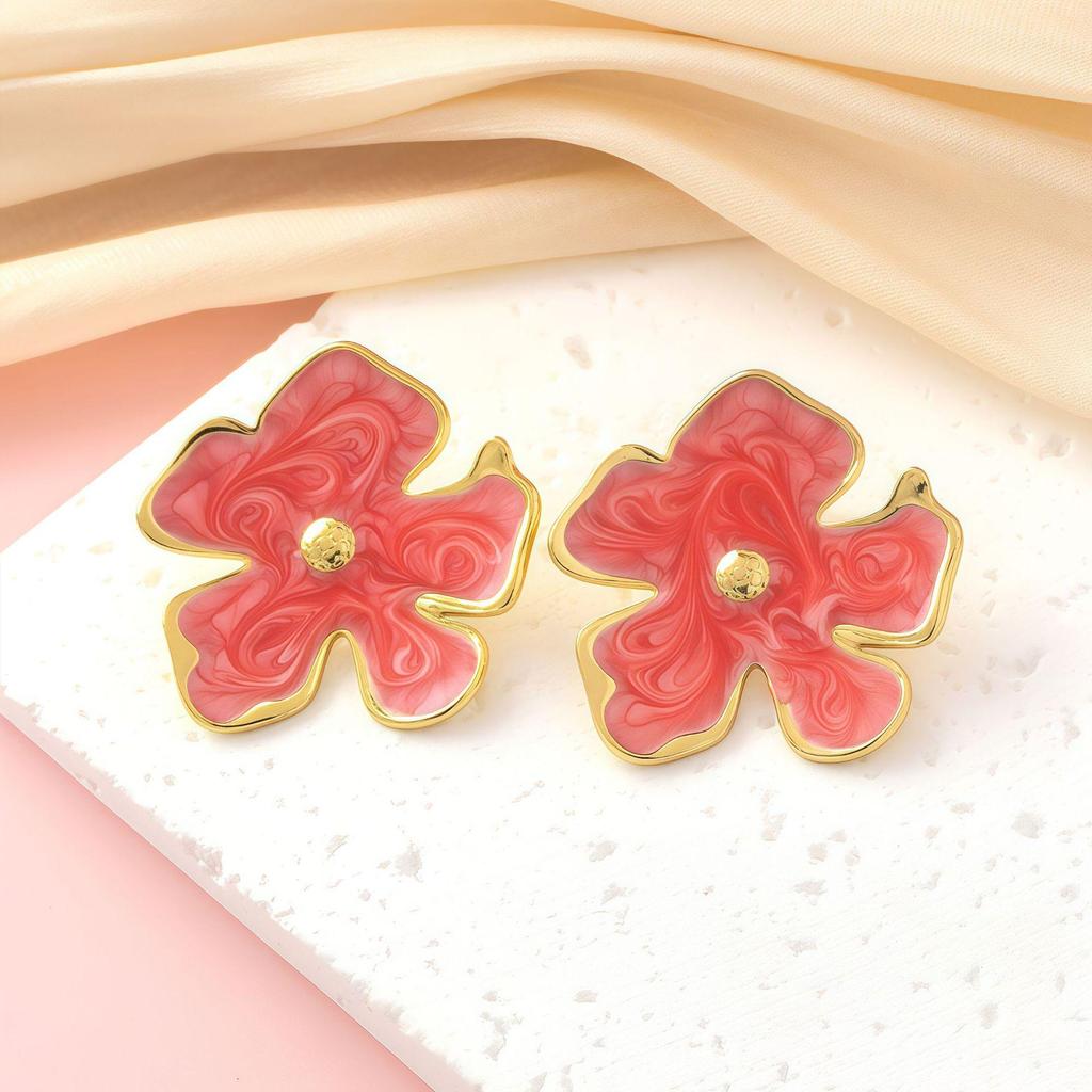 Luxury Titanium Steel Flower Stud Earrings with Enamel and Irregular Petals