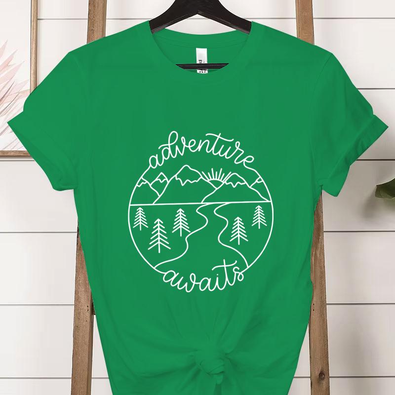 Adventure Awaits Outdoor Graphic T Shirts Women Mountain Nature Lover Gift Crew Neck Short Sleeve Tshirt Adventure Classic Tops