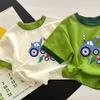 Kids Summer Cotton Short Sleeve T Shirt Korean Block Cartoon Print Round Neck Top For Boys And Girls