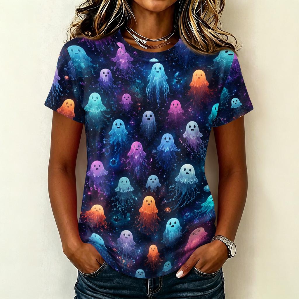 Women's Casual Short Sleeve Round Neck Pullover T-Shirt with Halloween Print