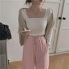 Damski crop top slim-fit 2025: Kwadratowy dekolt z długim rękawem, styl koreański na wiosnę i jesień