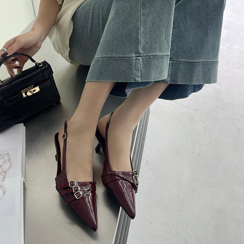 

One-word strap high heels 2025 spring new fashion patent leather women s shoes pointed belt buckle stiletto sandals 41