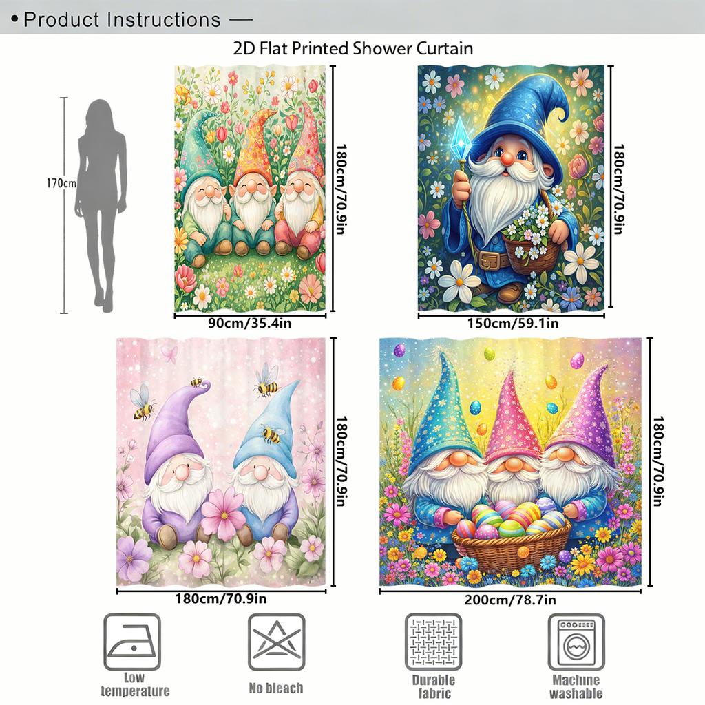 Cute Gnome Pattern Polyester Shower Curtain - Lovely Floral Themed Bath Curtain, Charming Bathroom Decor For Home
