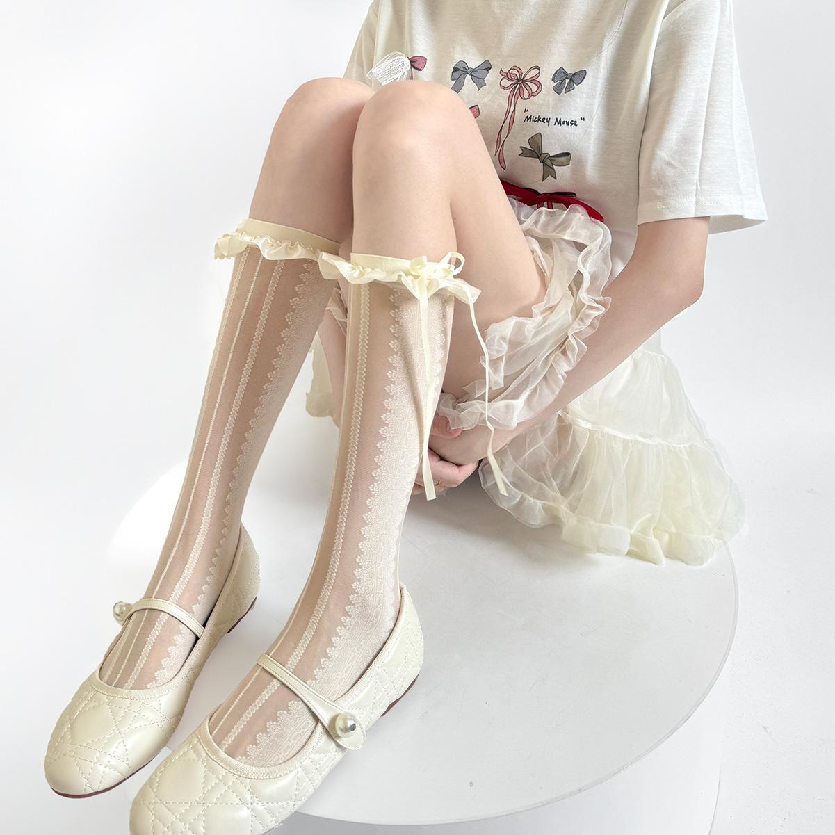 Ballet-Style Vertical-Stripe Lace Hollow-Out Trim Calf Socks Women s Summer Thin Nylon Shaping Pure-and-Girly Ribbon Bow Standard