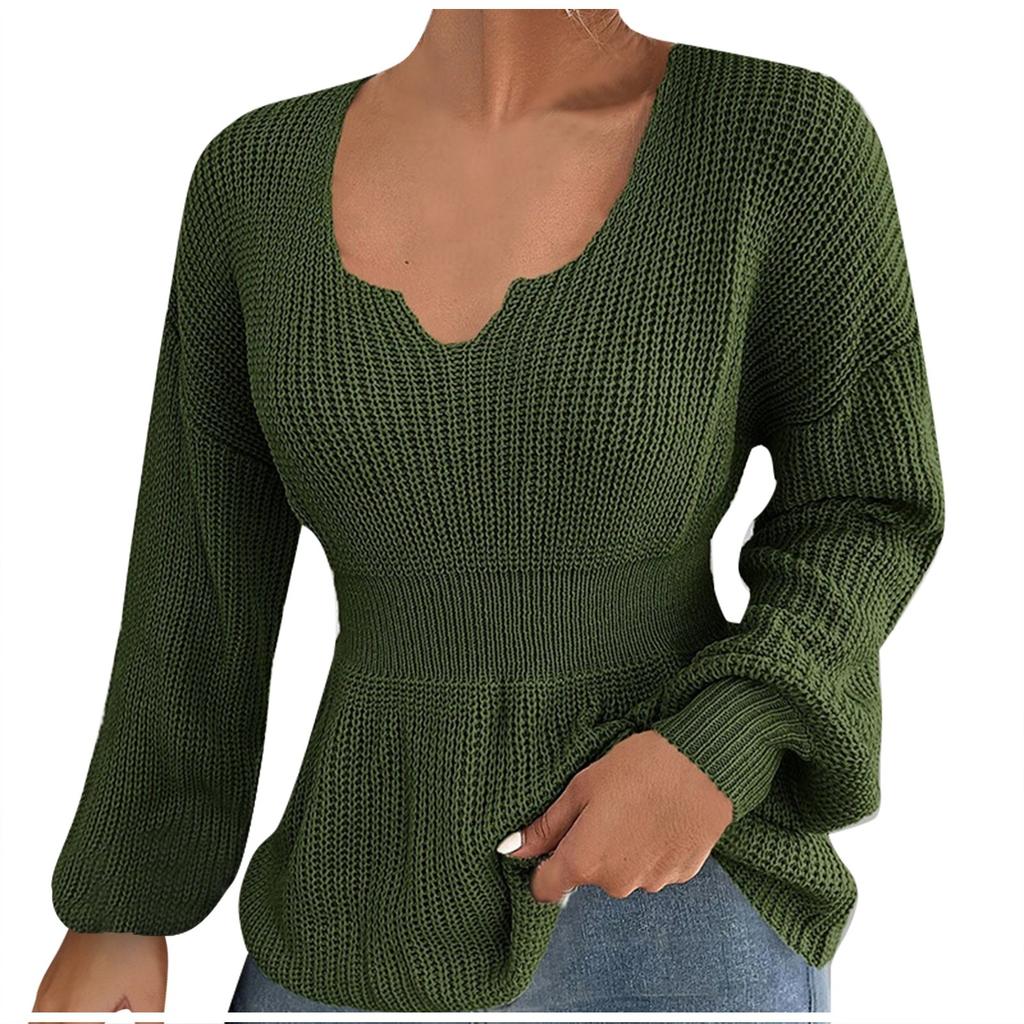 Women's Fashion V-Neck Pullover Shirt Solid Color Long Sleeve Ruffle Waist Women's Shirt