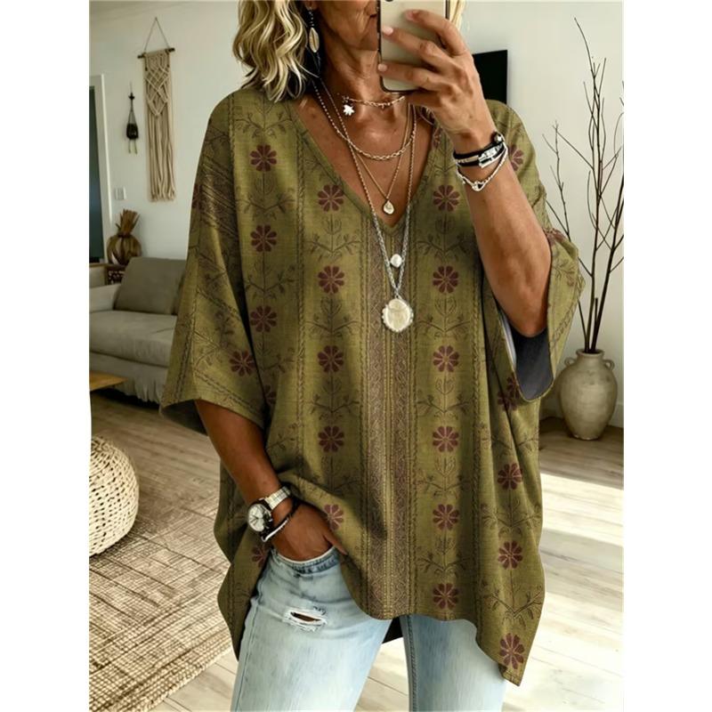 T-shirt da Donna Taglie Forti con Scollo a V e Maniche a Pipistrello Stampa Etnica Bohemien Top Largo Estivo Comodo Traspirante per il Pendolarismo Quotidiano Casual