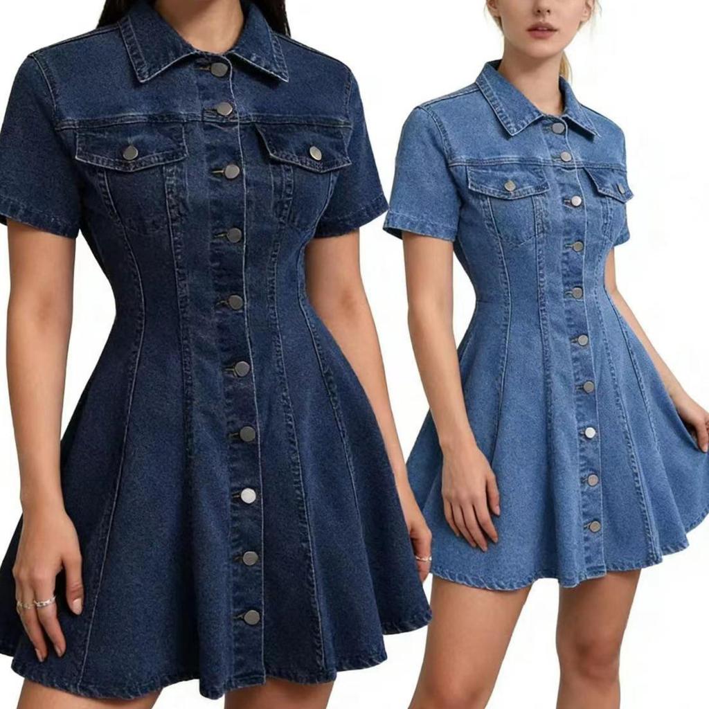 2026 שמלת חולצת ג'ינס חדשה לנשים עם צווארון דש וכיווץ במותן, סגנון קז'ואל