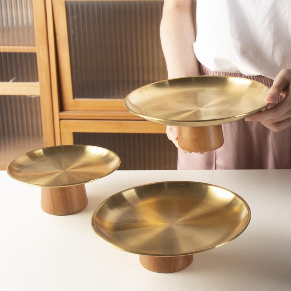 Stainless Steel High Foot Tray Wooden Base Fruit Display Plate New Dessert Plate Home Decoration