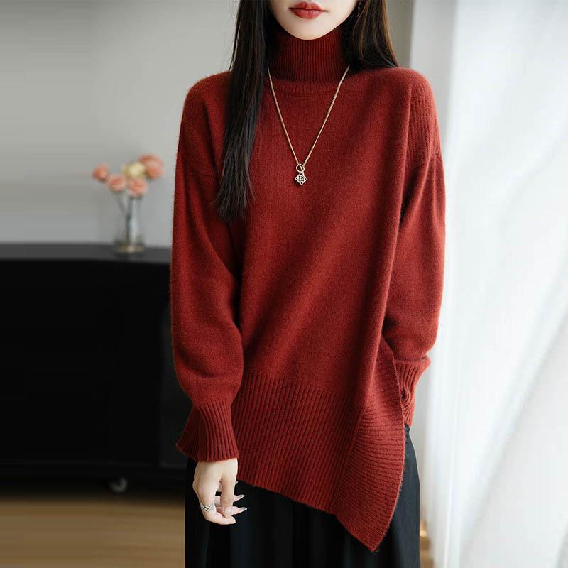 2025 A/W Women's Cashmere Wool Sweater: High Neck, Slit, Loose, Thick, Mid-Length