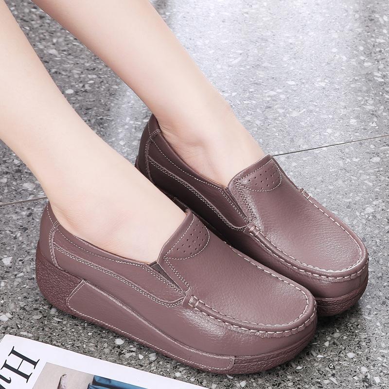 Genuine Leather Casual Shoes Women Fashion Platform Shoes Slip-on Loafers Walking Wedge Heels Rocker Shoes