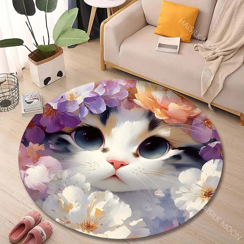 Multiple sizes Cats in the flower bushes Print Round Carpet Living Room Bedroom Table Chair Sofa Decorative Carpet