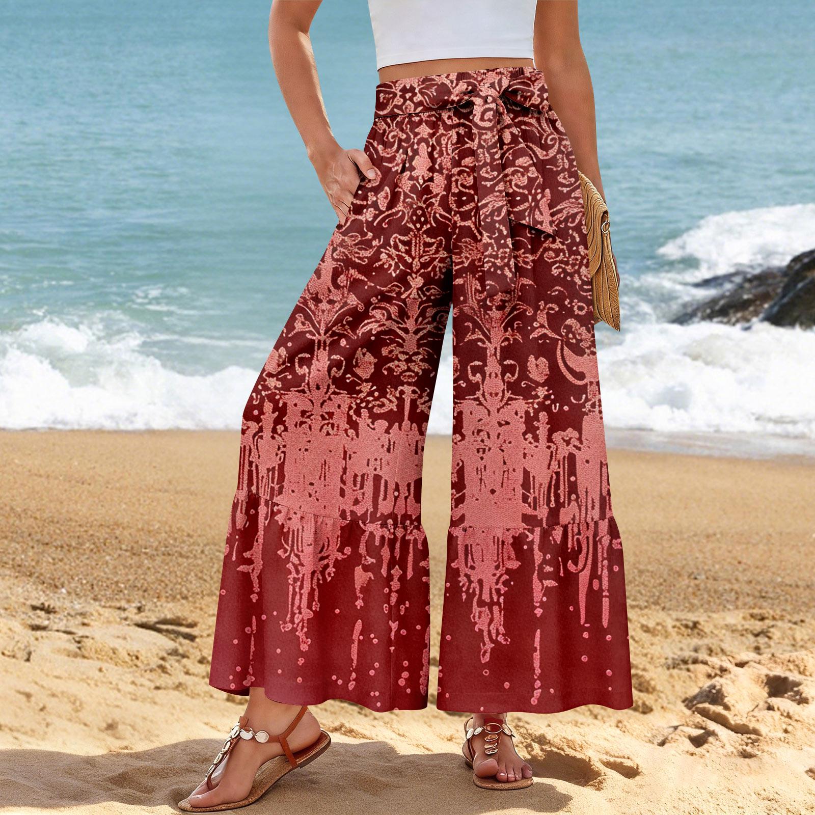 

Women s Wide-Leg Casual Pants, Stretch, High Waist, Ruffled Hem, Wide Legs, Belted, And Pockets XL винний