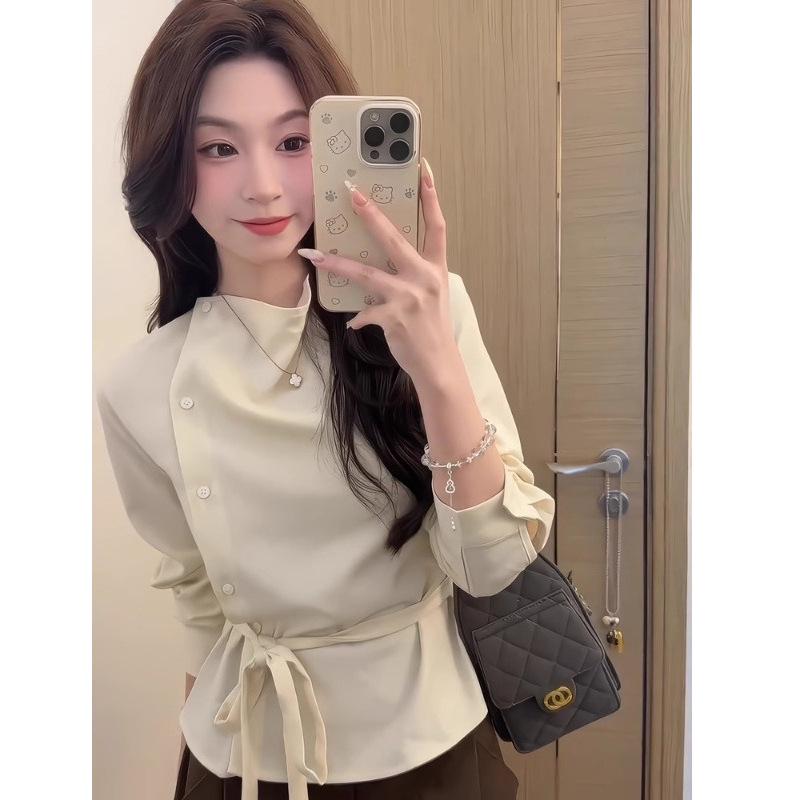 Original Fabric Asymmetrical Draped Collar Long Sleeve Women's Shirt with Diagonal Placket & Tie Waist in Apricot