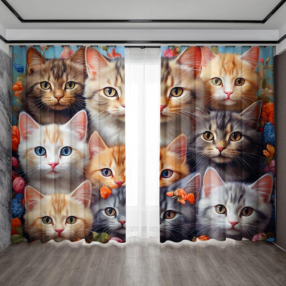 2PC Home Decoration Curtains, Cute Cat Background With Pole Pocket Curtains, Kitchen, Coffee Shop, Living Room, Balcony, Garden