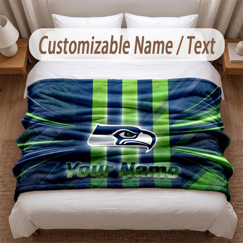 Seattle Seahawks Printed Flannel Blanket Custom Name Text Soft Warm Throw For Bedroom Holiday Gift