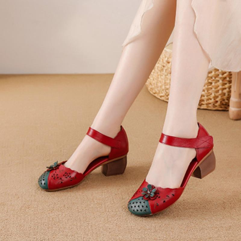 2025 Summer Genuine Leather Shoes Gladiator Sandals Women 4cm High Heels Classic Black Round Toe Hollow Ladies Sandals