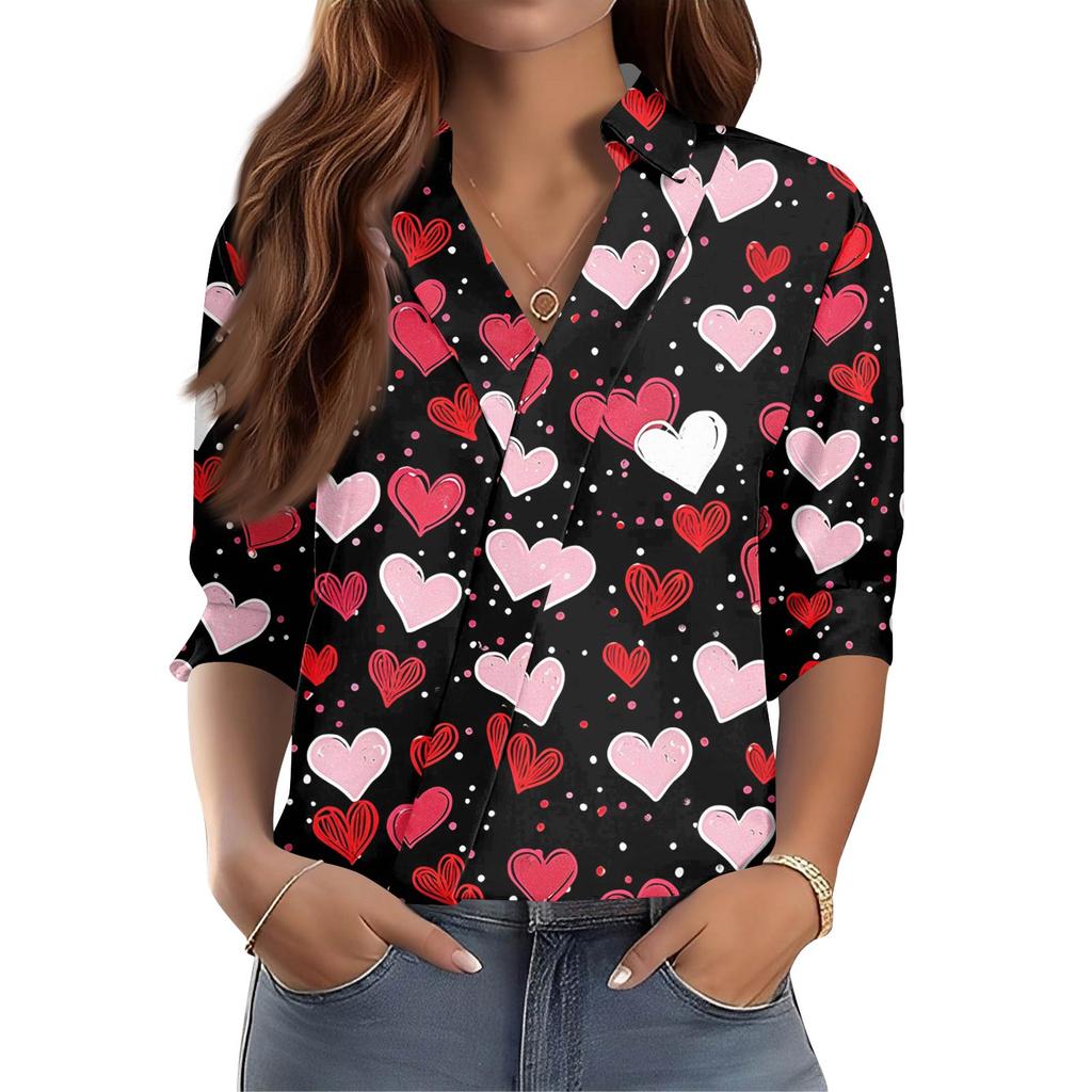 Women's 3/4-Sleeve V-Neck Shirt Printed Workwear Casual Regular Shirt Collar Top