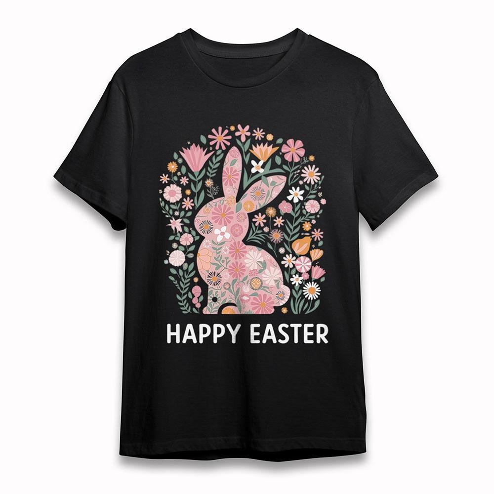 

Women s Oversize T-Shirt Easter Bunny Floral Collage Spring Tee Short Cotton 3XL