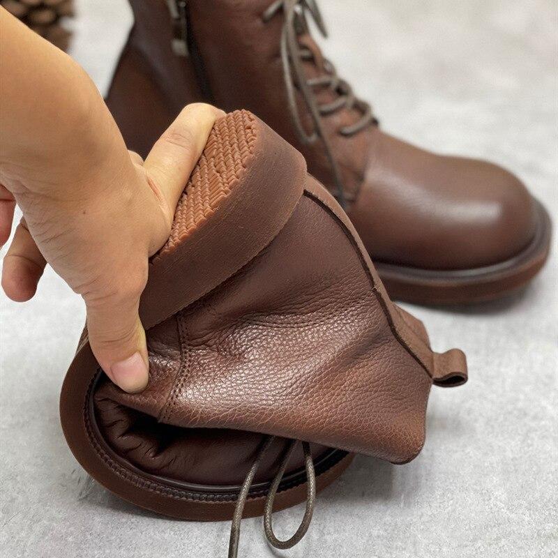 Johnature Genuine Leather Winter Boots Women Shoes Zip Round Toe Flat With Handmade Leisure Sewing Ankle Ladies Boots