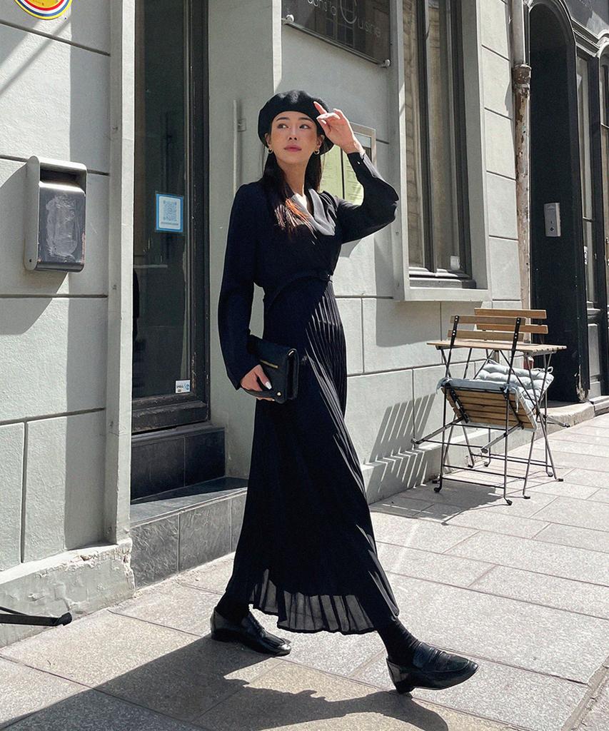 Ppaeppae Belt Set Wrap Style Pleated Long Dress