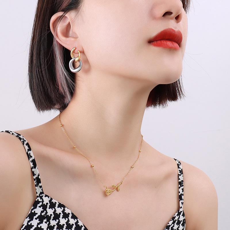 French-Inspired Trendy Double Ring Detachable Titanium Steel Stud Earrings, 18K Gold-Plated Jewelry F539.