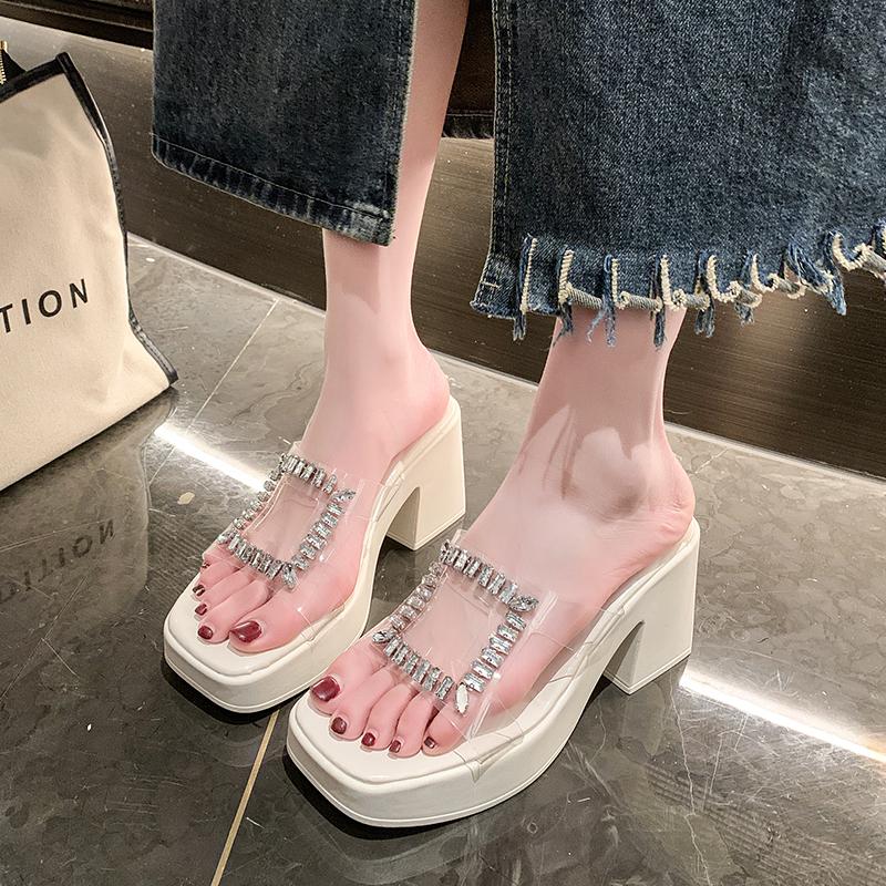 2024 High Quality Women's Shoes Summer Fashion Open Toe Solid Color Women's Slippers Transparent Rhinestone Women's High Heels