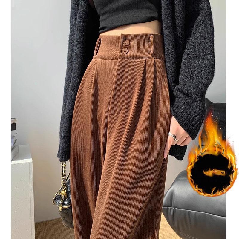 Women Korean High Street Wide Leg Trouser Autumn/winter Thick Warm Women's Pant Fashion Corduroy Loose Button Trouser