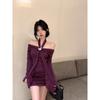Pure Desire Sexy One-word Shoulder Neck Long-sleeved Dress Women's Autumn New Slim and Thin Pleated Hip-wrapped Short Skirt