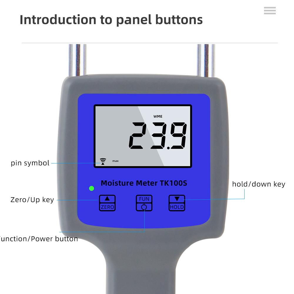 Handlicher Holzstaub-Feuchtemesser TK100W Digitales Hygrometer Holzfasern Bambusholzpulver Feuchtigkeitsprüfer Doppelnadel-Sonde