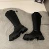 Mode 2025 Damen Stiefel mit hohem Absatz und langem Schaft Herbst/Winter Neuer Stil Dicke Sohle Grober Schaft V-Ausschnitt Reiterstiefel Schlankmachend Braun