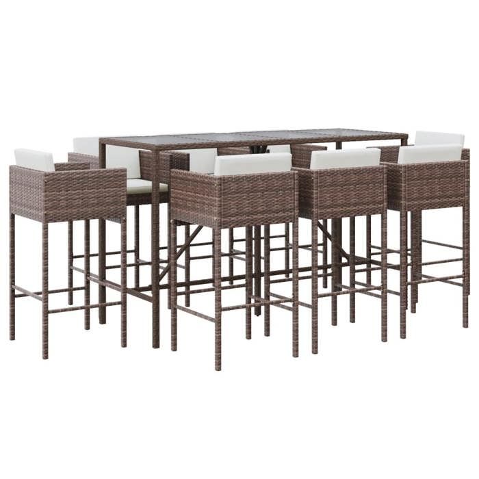 VidaXL Ensemble de bar de jardin 9 pcs avec coussins marron poly rotin, ensemble de table de bar, table et chaise de bar, 3200650