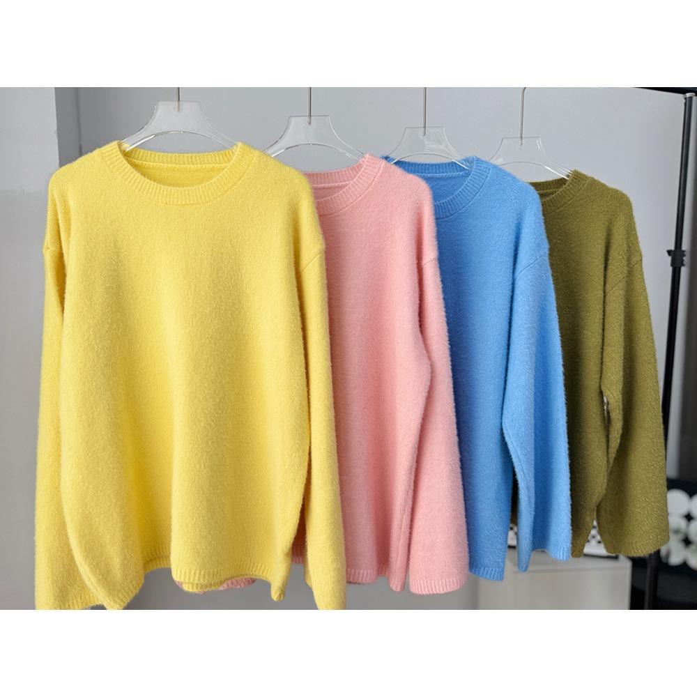 Fauler Stil Rundhals Faux Nerz Pullover Damen Frühling Herbst Locker Gestricktes Oberteil Premium Langarm Pullover