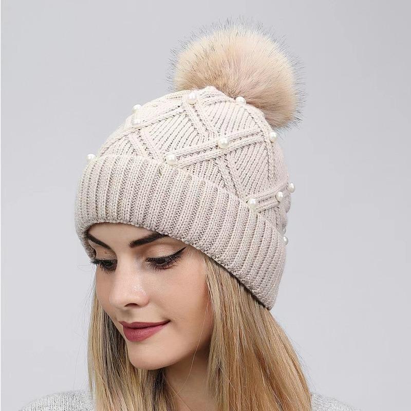 Cute with Diamond Knitted Hat Thick Flannel Warm Large Woolen Ball Cold Hat Folded Edge Solid Color Women's Hat Winter