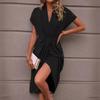 women's Satin V Neck Batwing Short Sleeve Twist Front Wrap Midi Dress Elegant Party Cocktail Dress