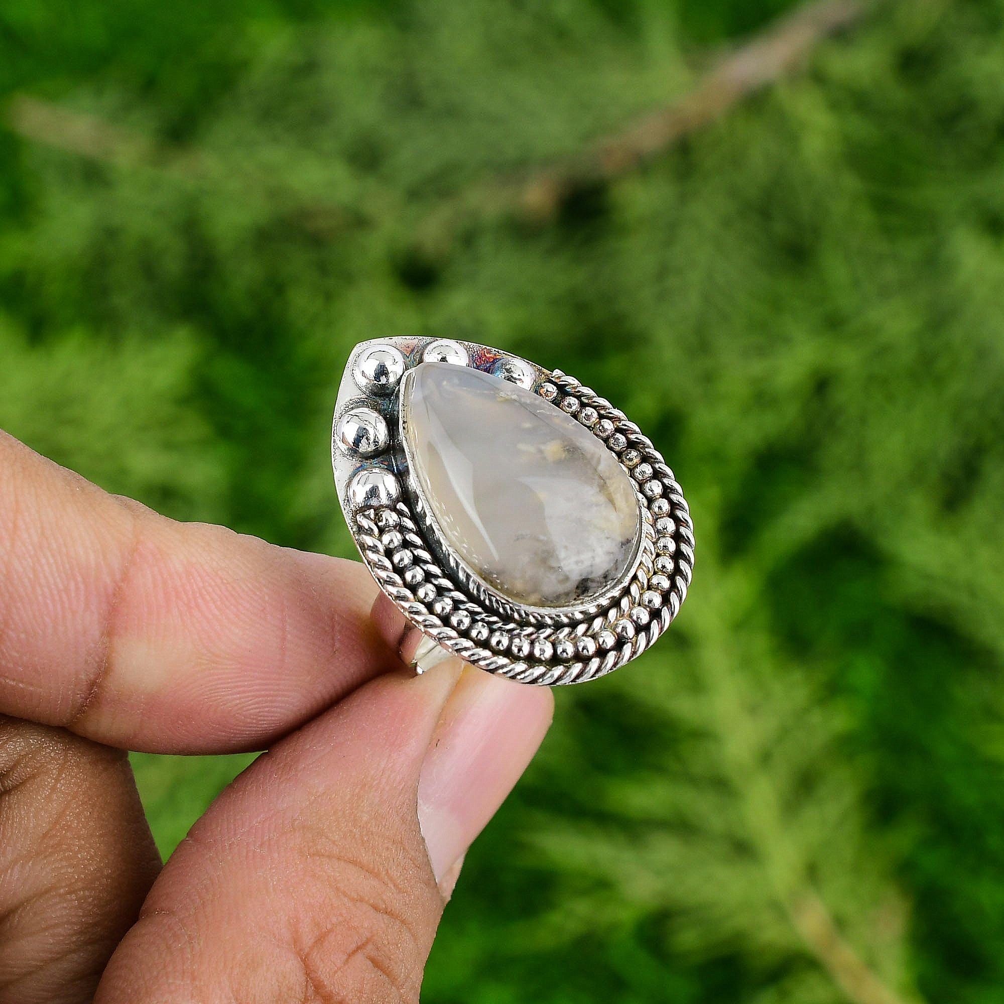 

Sterling Silver Plume Agate Gemstone Statement Promise Mother New Ring Jewelry Adjustable