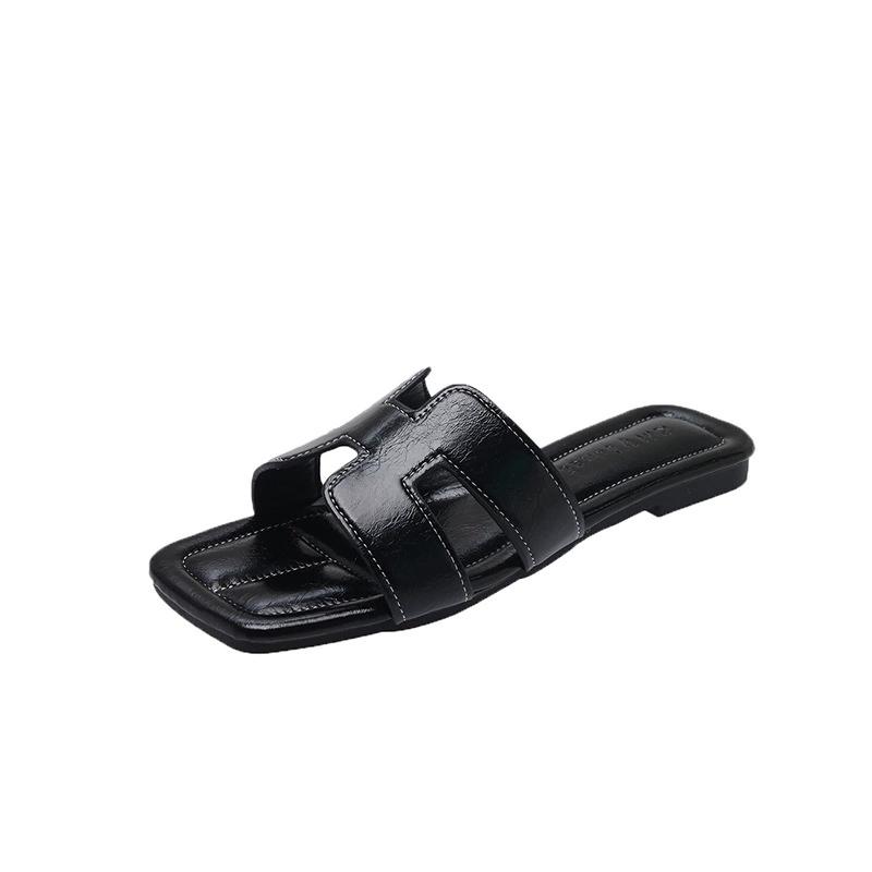 

Модные пляжные тапочки из мягкой искусственной кожи на плоской подошве, женская верхняя одежда, летние сандалии и тапочки для женщин 35 чёрный