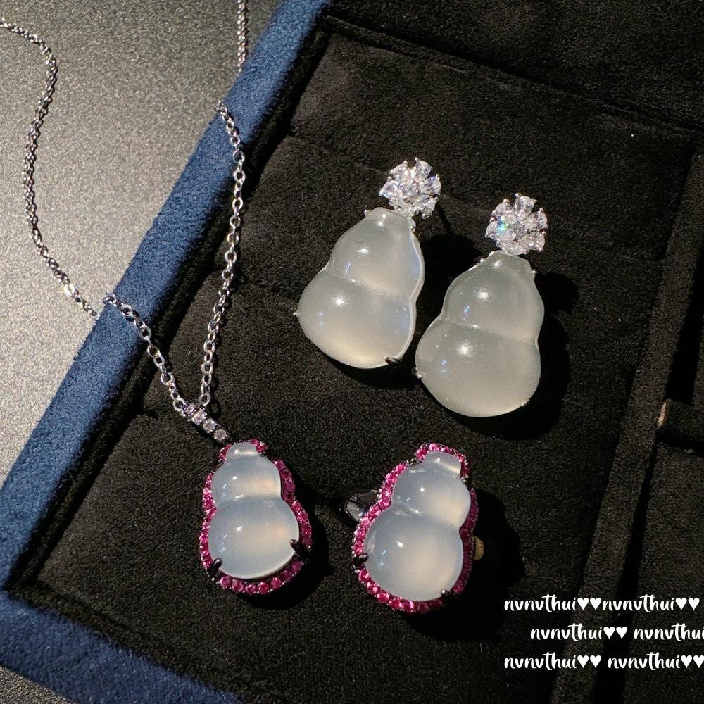 Lychee Frozen White Chalcedony Gourd Spinel Gemstone Necklace, Water Spirit, Concubine Smile Chalcedony Fulu Zircon Earrings