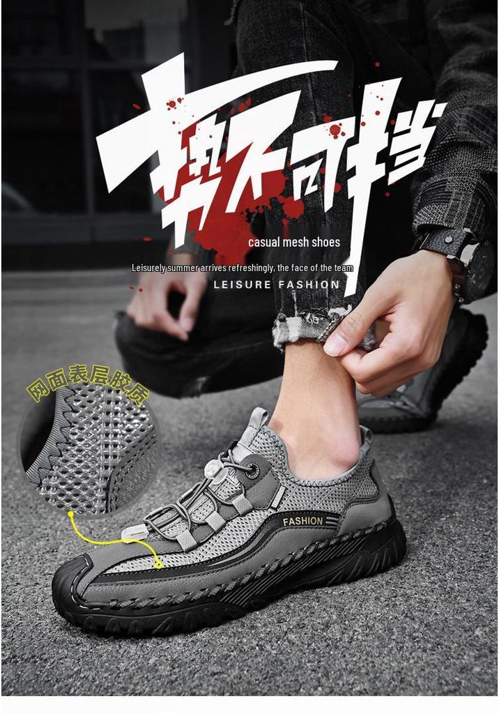 Summer 2024 Men's Genuine Leather Mesh Sports Casual Shoes, Breathable and Lightweight in Large Sizes