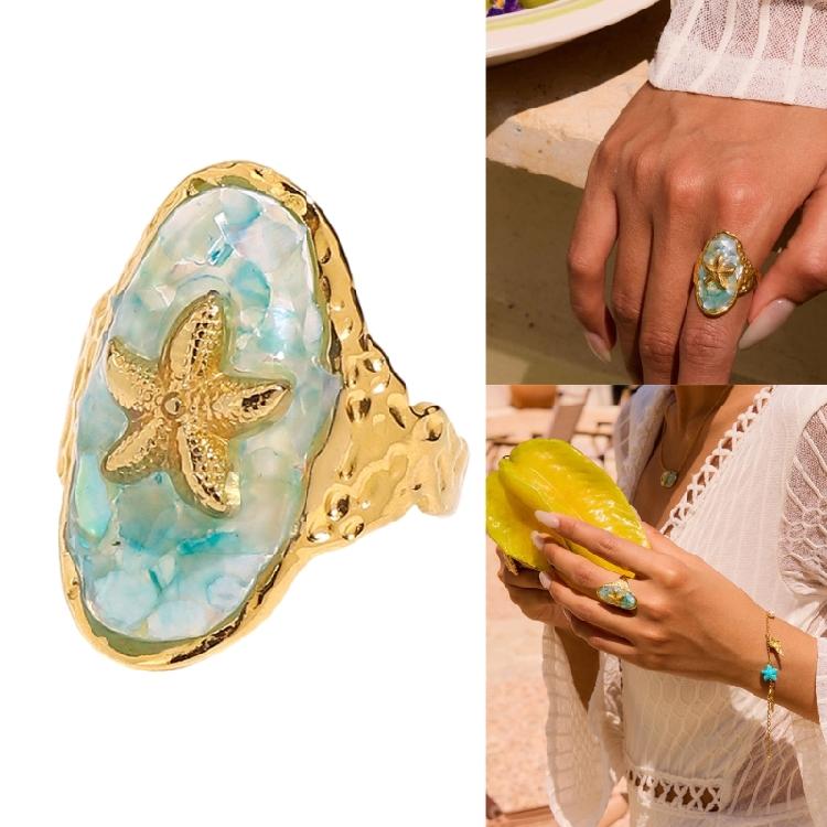 Edelstahl Seestern Blauer Ring Schmuck Für Frauen Verstellbare Größe Anlaufbeständiges Material Urlaubsaccessoire