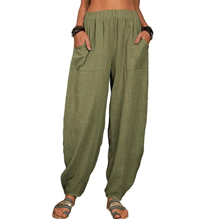 Summer Casual Women's Cotton Linen Elastic Waist Wide Leg Retro Harem Pants Large Size Home Pants