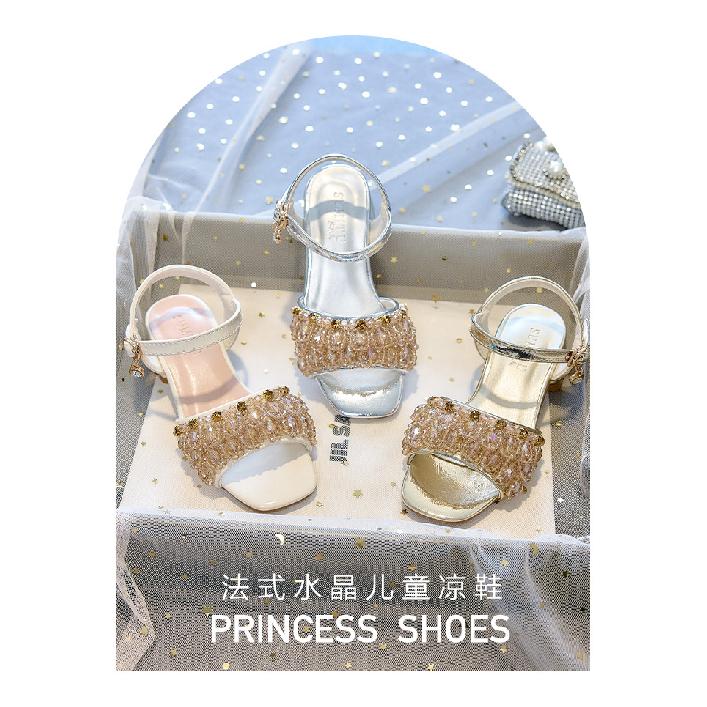 Girls' sandals princess shoes2026New Summer Chunky Heel Beaded Crystal Performance Catwalk Beach Children's High Heels
