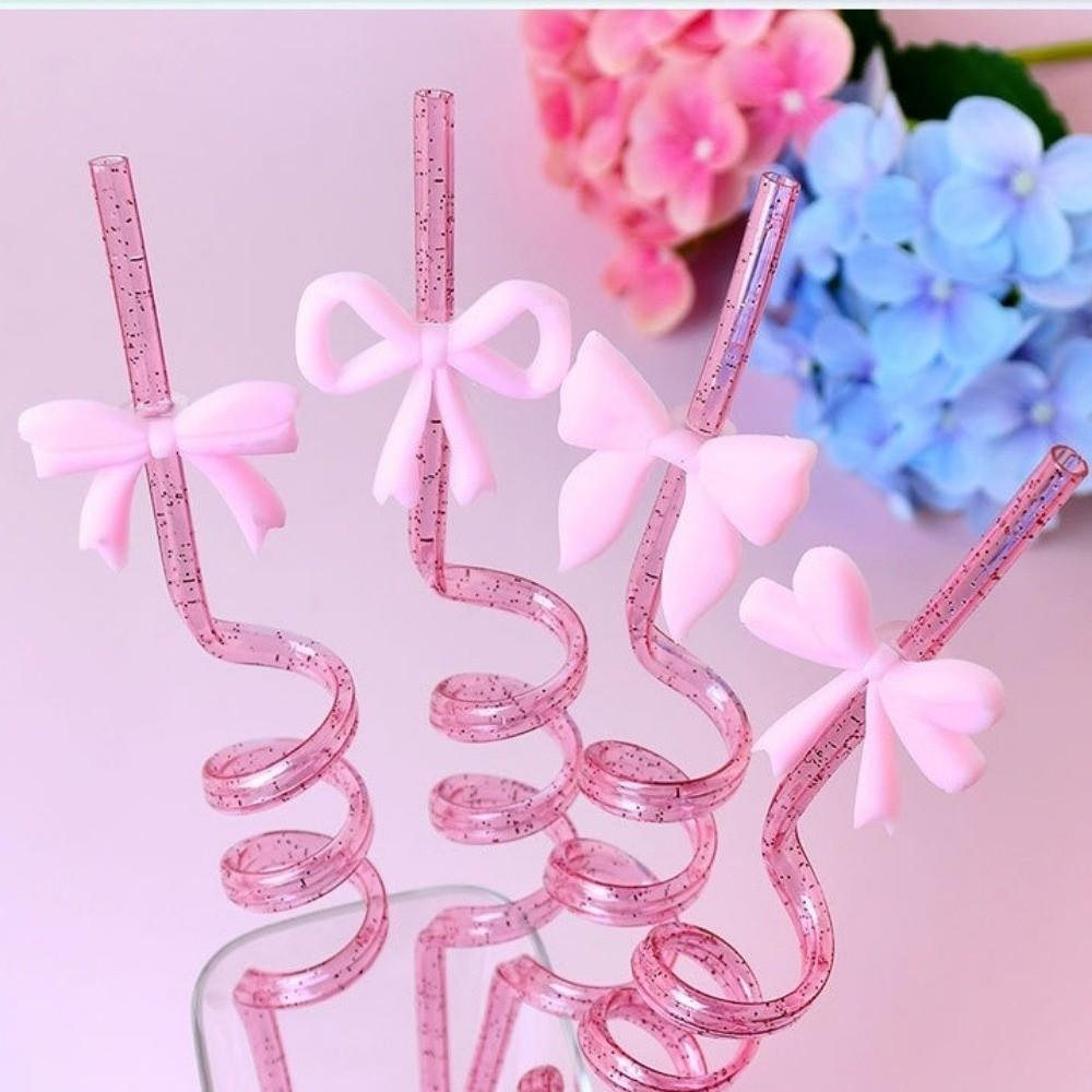8pcs Durable Material Pink Bow Straws Shimmer Effect Sparkle Straws Birthday Parties