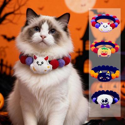 Halloween Pet Pompon Collar: Velcro Pumpkin Ghost Decoration for Cats & Dogs
