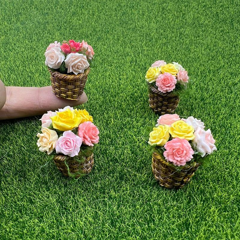 Mini Potted Flowers Flower Pot Basket Simulation Miniature Dollhouse Decor Food Play Po Prop Scene Accessories Home Decor