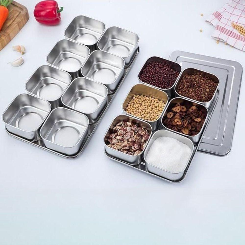 6/8 Grid Seasoning Storage Box Stainless Steel Rust-proof Food Preparation Box Durable Rectangular Dessert Ingredient Box