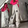 Fashion Women Star Embroidery Wide Leg Jeans High Waist Distressed Drawstring Denim Pants
