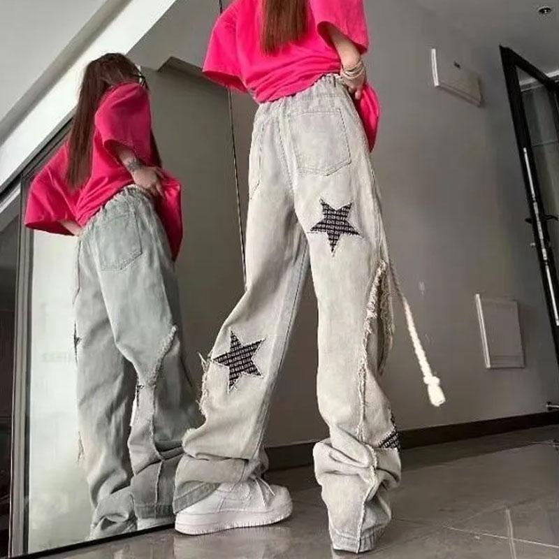 Fashion Women Star Embroidery Wide Leg Jeans High Waist Distressed Drawstring Denim Pants