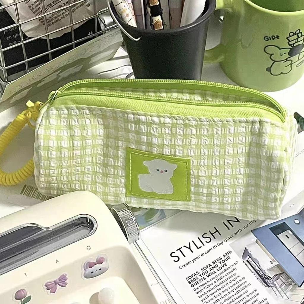 Fresh Grid High-Quality Pen Bag Cute Little Sheep Instagram Large Capacity Desktop Student Stationery Storage Bag